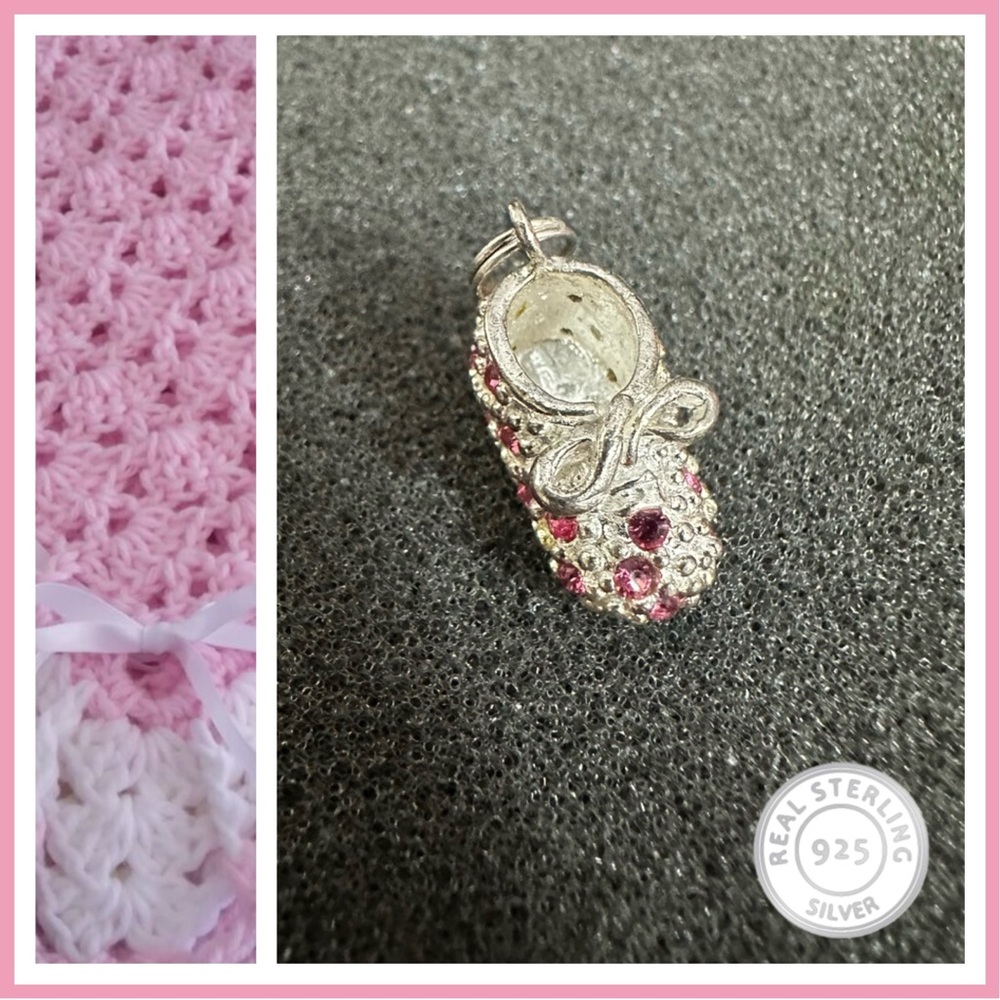 Sterling Silver Baby Shoe Charm. Textured & Adorned with Pink Crystals.